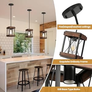 HOXIYA Farmhouse Pendant Light 2 Pack Rustic Farmhouse Linear Chandelier with Wood and Metal Cage Kitchen Island Pendant Light Adjustable Height for Dining Room Light Kitchen Island Bedroom