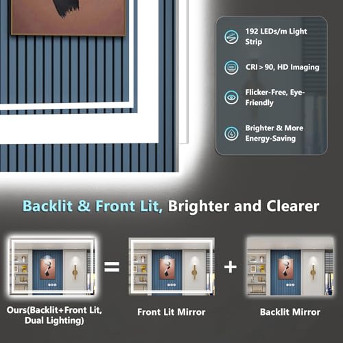 Image of 60x30 LED Bathroom Mirror with Lights, Backlit and Front Lit Anti-Fog Lighted Vanity Mirrors for Bathroom Wall, Dimmable, 3-Color Light, Memory, Shatter-Proof, HD Tempered Glass, CRI>90