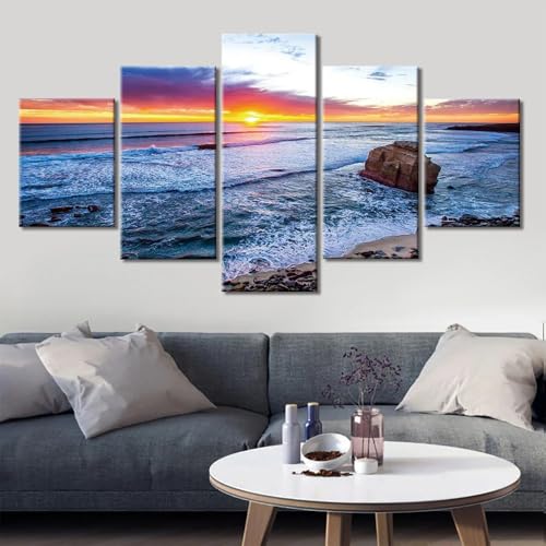 Tableau océan coucher de soleil en 5 parties pour un salon apaisant