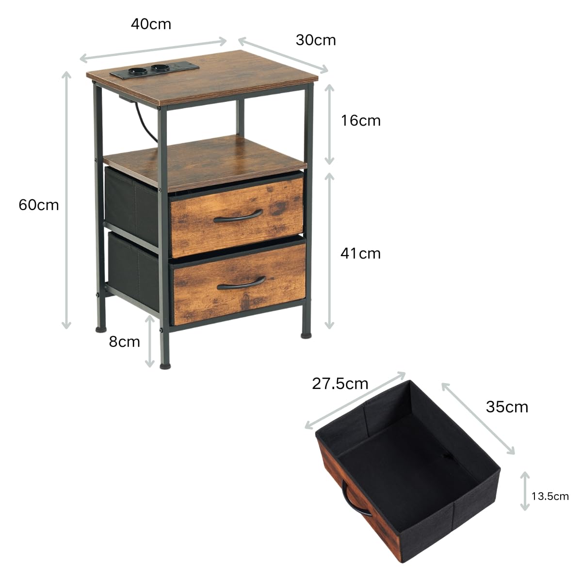 FurnitureR 2PCS Guéridons de Salon, Table D'appoint avec Multi-Coloured LED, 2 AC Sockets, 2 USB Ports of Drawers, 2 Tiroirs en Tissu, Style Industriel Rétro Marron, 40 x 30 x 60cm