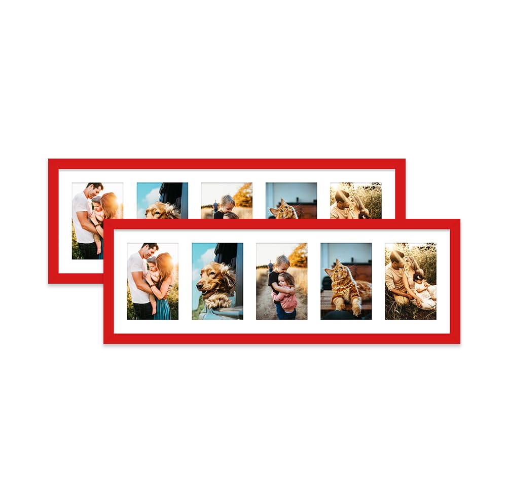 Red Multi Photo Frame - Holds 5 x 6x4 Pictures, Family Collage Picture Frame for Wall Display, 8x26 Panoramic Frame Size, Set of 2