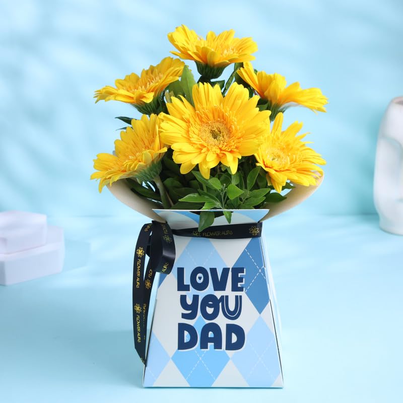 FlowerAura Premium Fresh Live Flower Bouquet of 6 Yellow Gerberas In Box For Birthday Gift & Father's Day Gift For Dad | Papa | Father-In-Law | Grandfather | Daddy | Appa | Baba (Same Day Delivery)-image-30