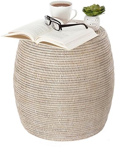 Kouboo, Round Rattan Stool/Side Table, Handwoven, Dia 18 x 18 inch, White Wash
