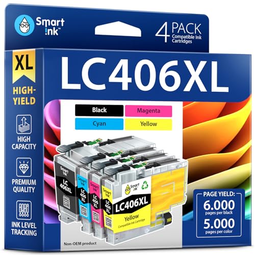 Cartouches d'encre LC406XL Smart Ink XL pour MFC-J4335DW MFC-J5855DW, Pack de 4