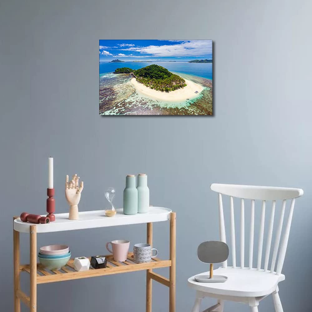 Living Room Decor Wall Art Matamanoa Island Fiji Turquoise Holidays Wall Art Sea Beach Blue Sky Wall Decoration for Bedrrom Room Office Bathroom Artwork for Home Walls Framed (16Wx24H inches) - Image 4