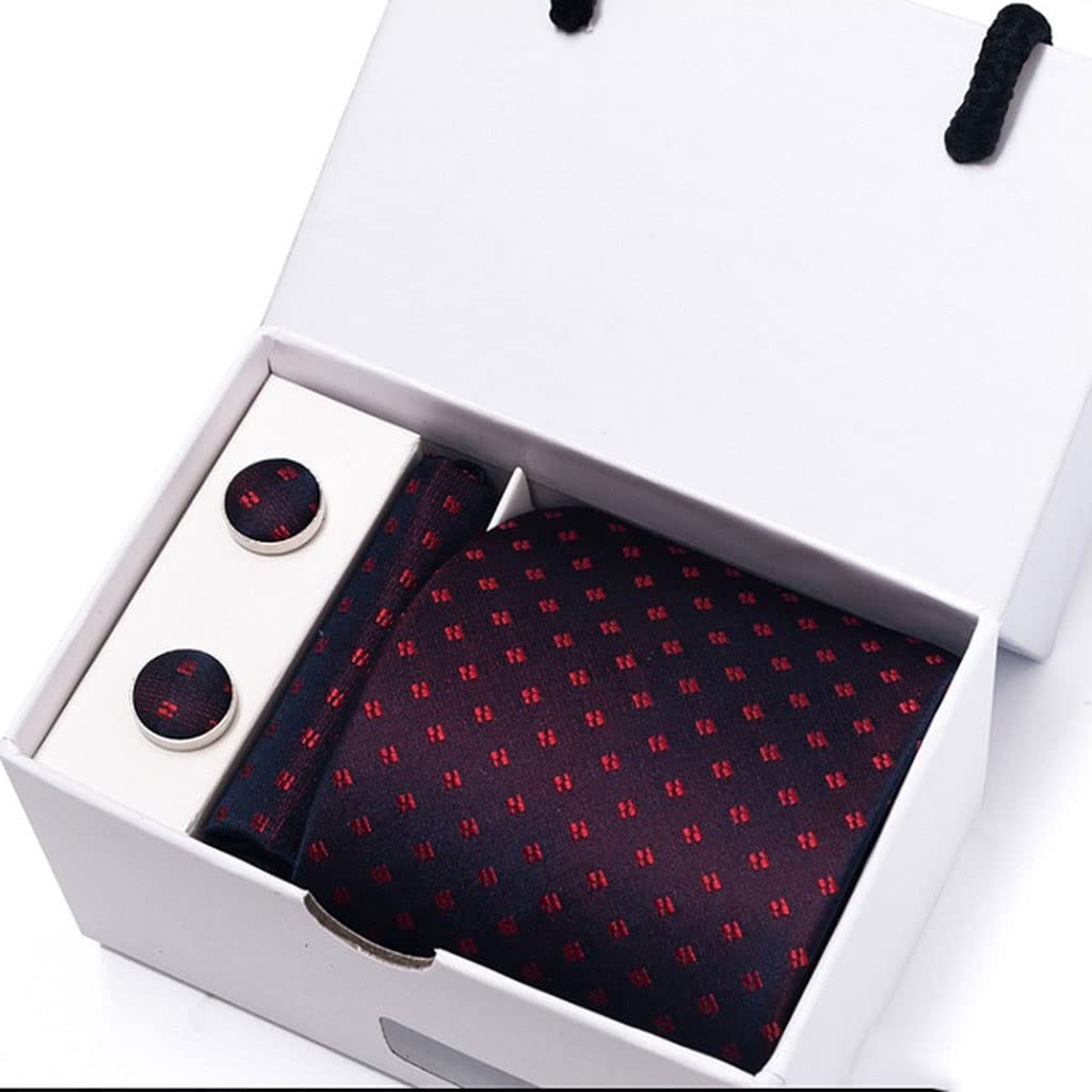 Corbata de Seda Jacquard, Corbata geométrica, Juego de Gemelos y pañuelo, Corbatas para Hombres, Fiesta de Boda de Negocios (Gris Claro, Gris Claro)