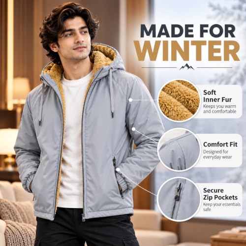 Image of Men's Winter Hooded Jacket with Sherpa Lining, Zip Pockets & Warm Fit