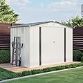 YOPTO Sheds & Outdoor Storage 6X8 FT,Metal Waterproof Tool Sheds with Side Window and Lockable Door,Backyard Buildings House W/Pitched Roof & Vents,for Garden,Lawn,Garbage Enclosure,White+Gray