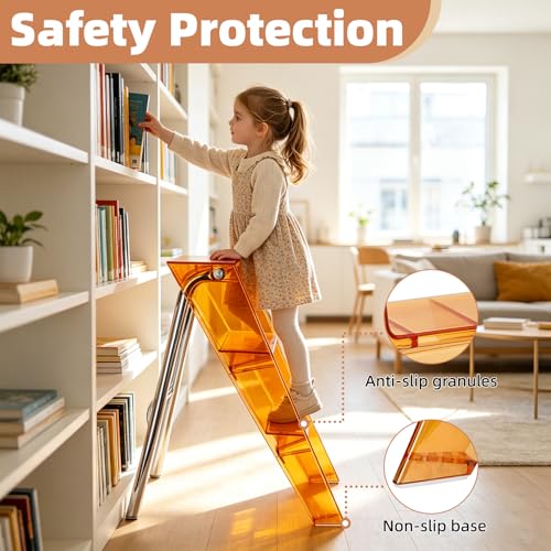 Image of Acrylic 3 Step Ladder, Beautiful & Stable Folding Step Stool (Orange)