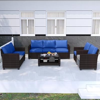 GAOMON 5-Piece Outdoor Patio Furniture Sets, 7 Seat PE Rattan Furniture Sectional Sofa Set with Storage Table, Patio Conversation Sets with Water-Repellent Cushions for Backyard, Deck, Poolside