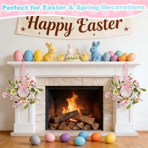 Image of 4 Pcs Easter Decorations for Home 12 Inch Small Easter Wreath with Colorful Eggs Flowers Berried Leaves Spring Mini Easter Wreath for Home Decor Table Kitchen Cabinets Mantle Wall Window Door