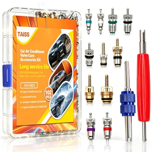 Taiss 102PCS Car Air Conditioner Valve Core Accessories Kit with valve core Remover Tool R12 R134a Refrigeration Tire Valve Stem Cores A/C valve core kit F-090-102PCS