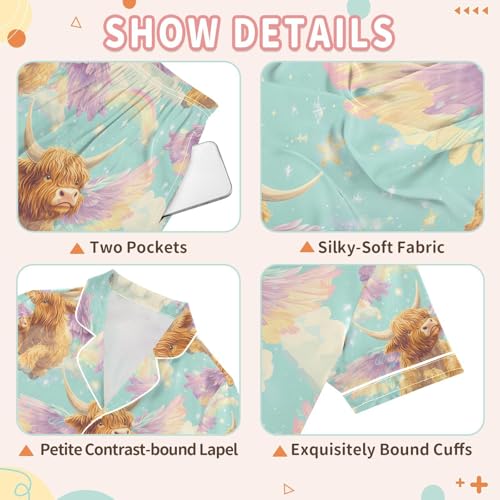 senya Highland Cattle with Wings Satin Summer Pajama Sets Silk Short Sleeve Button Down Sleepwear3