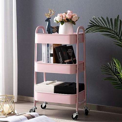 Lvhecforhm Carrello Portaoggetti a 3 Livelli, Carrello da Cucina, Carrellino Cucina Salvaspazio a 4 Ruote, Carrello di Servizio per Cucina Bagno Ufficio Biblioteca Salone, 43x30x76.5cm Rosa