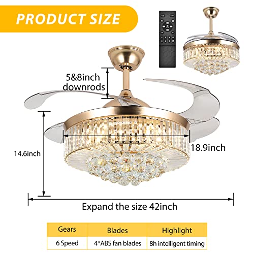 Tberar Ceiling Fans With Lights And Remote Golden 42 Inch Fandelier Ceiling Fan With Light And Remote, Chandelier Ceiling Fan With Retractable Blades For Indoor Living Room Bedroom #TOP7