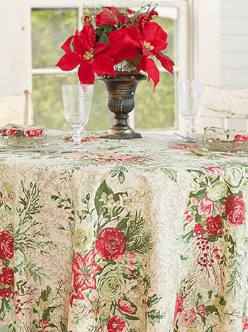 April Cornell Antique Merry Floral Holiday Print 60 x 84 Inch Rectangular 100% Cotton Tablecloth - Seats 6-8