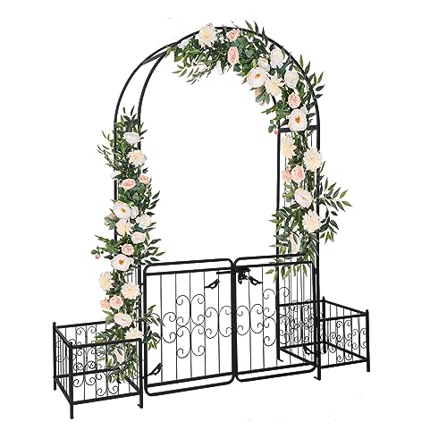 Courtyard Arc Top with Door &Planting Frame,Metal Arbor Arch Door with Gate,Wedding Arches Archway for Ceremony Party Garden Trellis Arbor for Patio Bakcyard Yard Lawn Climbing Plants,Black Iron