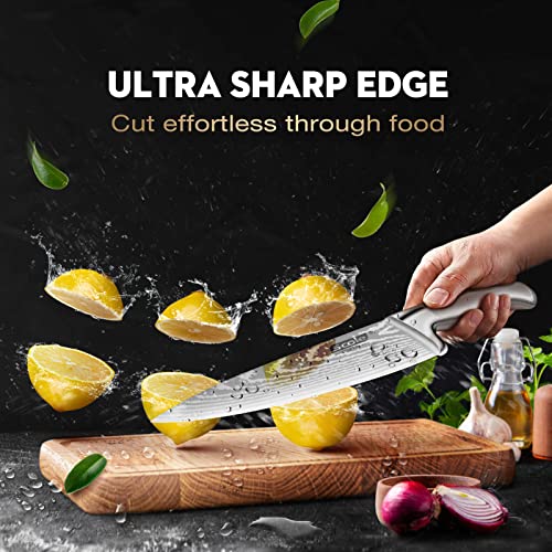 Scole® Chef Knife Bundle - Razor Sharp Chefs Knife 8 Inch Vg-10 Super Damascus Steel (Premium G10 Handle) + Ultra Sharp Kitchen Knife Set 7-Piece (Hollow Handle) (2 Items Bundle) #TOP3