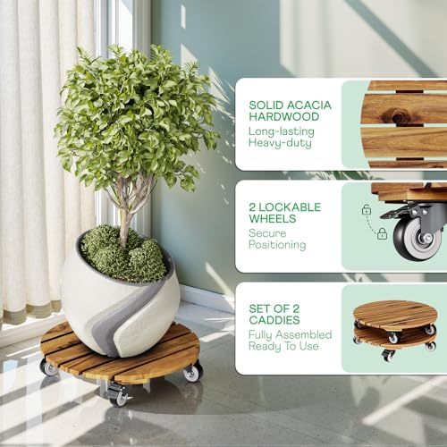 Idzo 2-Pack 14 Inch Acacia Wood Rolling Round Plant Caddy, Plant Caster for Heavy Duty Plant Stand with 360° Lockable Wheels, 264 lbs Capacity Caddy for Indoor and Outdoor Use, Natural Wood by IDZO - Image 2