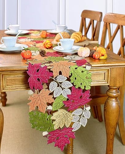 KEVA Fall Table Runner 72inches Long, Autumn Maple Leaves Table Runner 13x72 inch for Thanksgiving Kitchen and Table Decoration, Harvest Fall Farmhouse Rustic Embroidered Thanksgiving Table Runner - Image 3