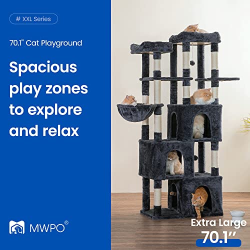 Image of MWPO Extra Large Cat Tree - 70.1-Inch Tall Cat Tower with 3 Cat Condos, Multi-Level Cat Stand for Large Cats Featuring Scratching Posts, Padded Perches, Hammock, Dangling Toys - Smoky Grey