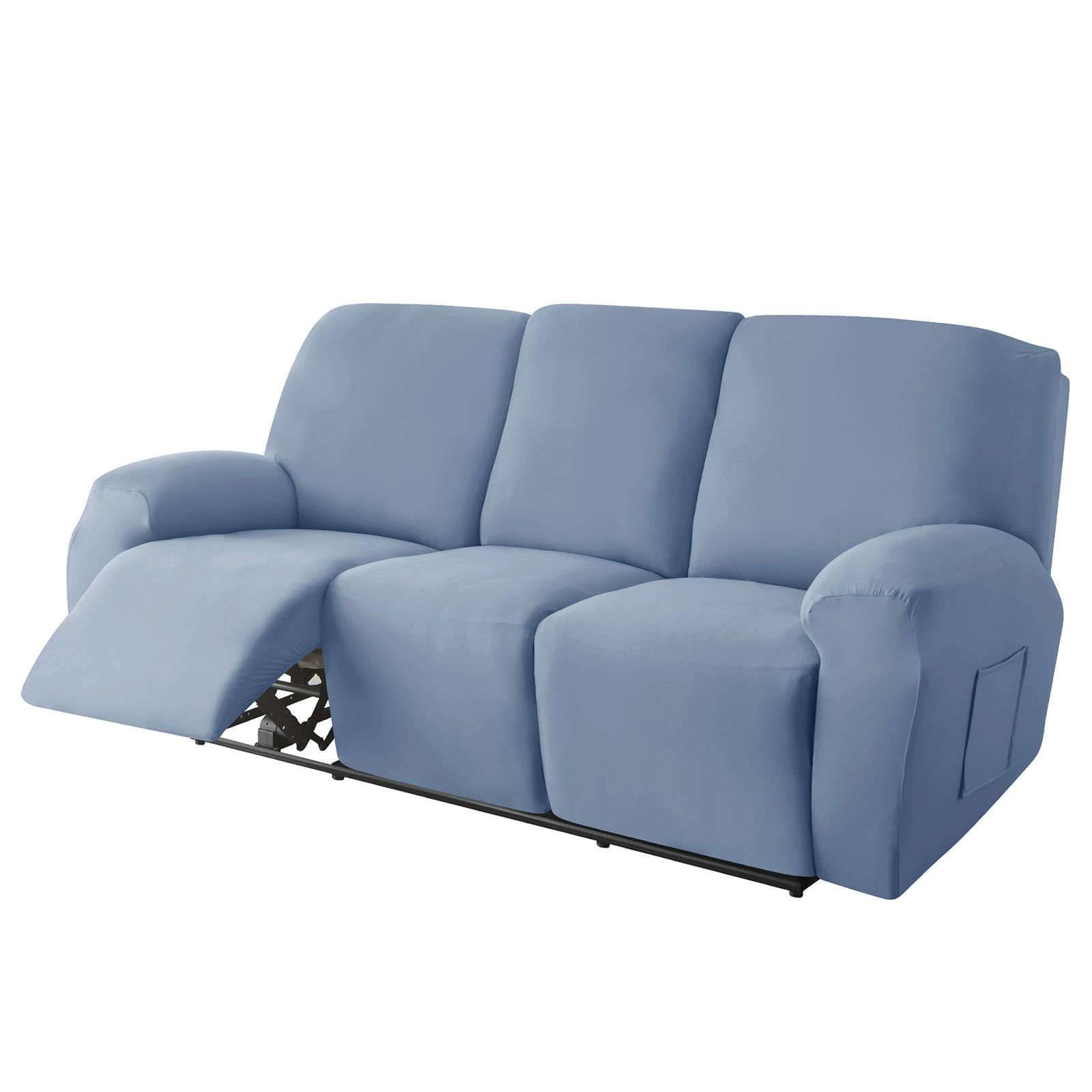 Polyester 8-piece recliner couch covers 3 Seat, Stretch Soft lazy boy reclining sofa slipcover with Pocket Armchair Covers For Kids Pets Cat Dog-blue-3 seater