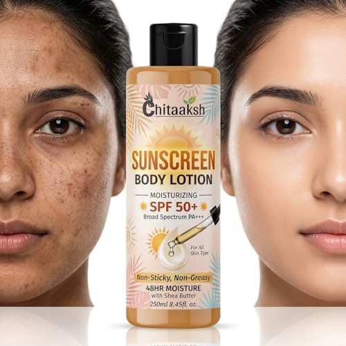 Chitaaksh Sunscreen Body Lotion SPF 50+ Broad Spectrum PA+++ | 48HR Deep Moisture with Shea Butter | Non-Sticky, Non-Greasy Daily UV Protection for All Skin Types | 250ml