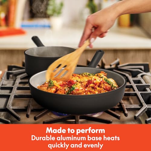 Image of bella 7 Piece Cookware Set with EverGood Ceramic Nonstick Coating, Dishwasher Safe Oven Safe, All Stovetops Compatible, Glass Lids with Silicone Rims, Cool Touch Handles, Black
