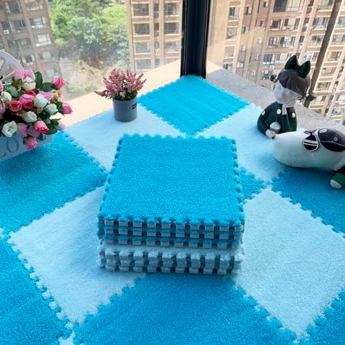 12 Pack Interlocking Foam Puzzle Mats - Soft, Non-Toxic Climbing Area Rugs for Kids, Easy to Clean, Fluffy Home Decor in Lake & Light Blue - Ideal for Playrooms & Nurseries
