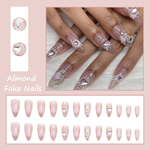 Misud Almond Press On Nails Medium Stiletto Fake Nails Glossy Glue On Nails Bling Glitter Pink Artificial Acrylic Nails Luxury 3D Heart Rhinestone Stick On False Nails 24 Pcs #TOP4