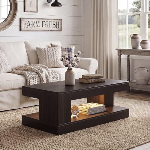 Miereirl Farmhouse Coffee Table with Storage Shelf, 2-Tier Wood Rustic Center Table with LED Light, 47” Rectangular Tea Tables for Living Room, Apartment, Office,Dark Walnut