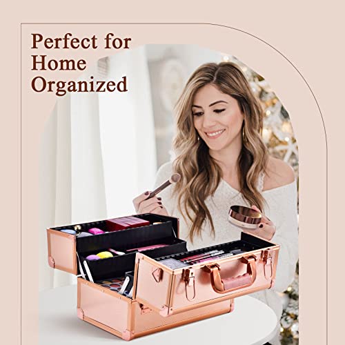 Joligrace Makeup Train Case Professional - 13.5 Inch Portable Artist Lockable Aluminum Cosmetic Organizer Storage Box With 4 Adjustable Dividers Trays 2 Locks And Shoulder Strap Rose Gold #TOP5