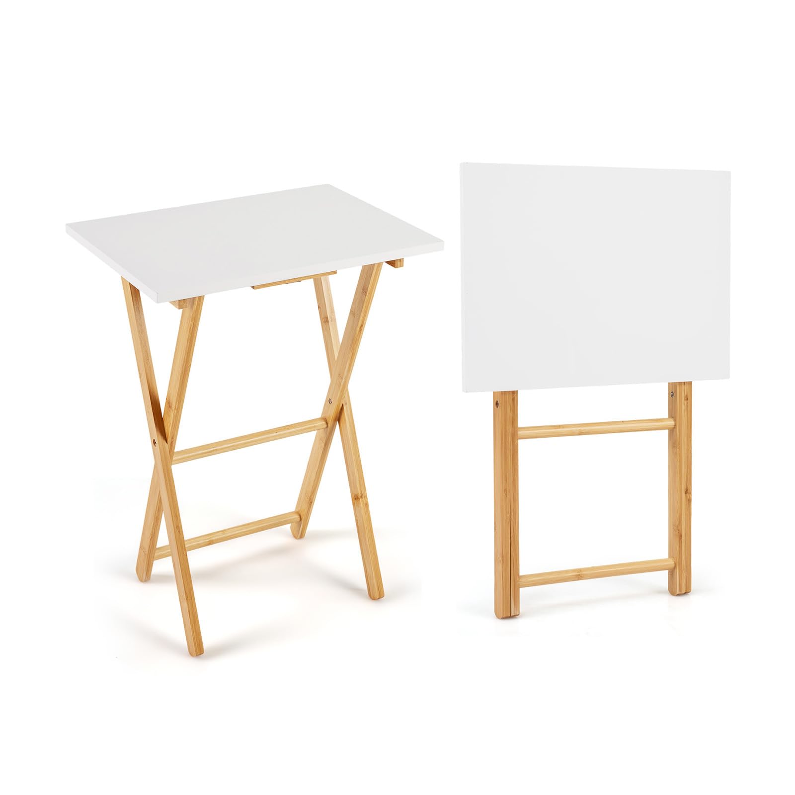 GOPLUS Set de 2 Mesas Auxiliares Plegables de Jardín, Mesa Lateral para Sofá de Bambú con Patas en Forma de X, Travesaños Reforzadas, Plegado y Montaje Fáciles, Mesita Auxiliar para Dormitorio