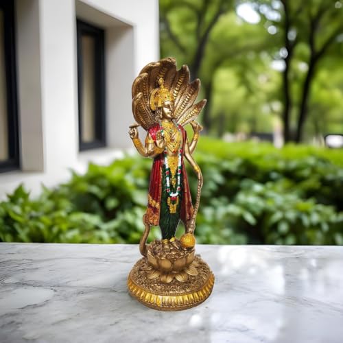 Image of YASHONIDHI Venkatesh Narayan Vishnu Bhagwan Statue, 12 Inches, Lakshminarayan Gold-Colour Murti Standing on Lotus and Sheshnag, for Home, Office Decoration, for Pooja Room