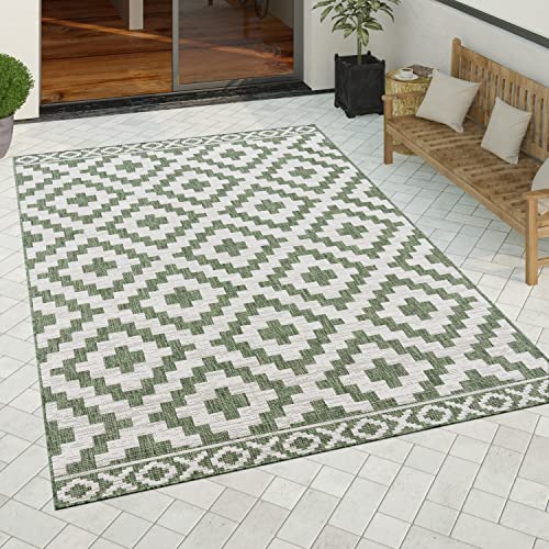 Paco Home Outdoor Teppich wetterfest modernes Boho Skandi Rauten-Muster Robustes Flachgewebe in Sisaloptik pflegeleicht ideal für Balkon, Terrasse & Küche, Grösse:160x220 cm, Farbe:Grün