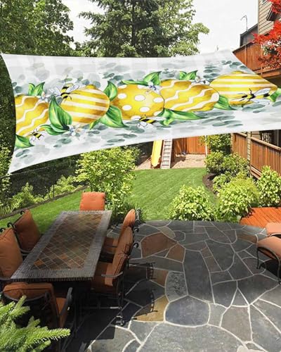 Boanket Sun Shade Sail 8' x 10', Summer Lemon Rectangular Waterproof Outdoor Sun Shades, Watercolor Teal Eucalyptus Leaves Bee Plaid Shade Cloth for Patio Deck Terrace Garden Lawns Beach Backyard