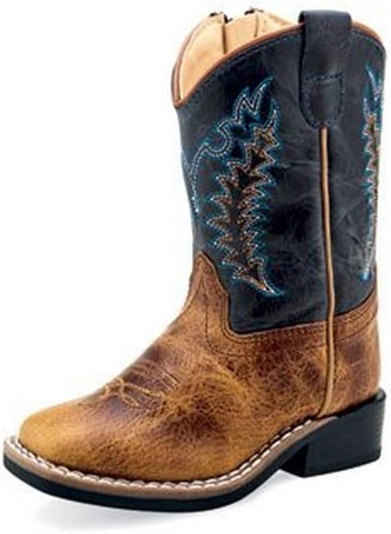 Old West baby-boys Boys Broad Square Toe Burnt Brown/Navy Leather Cowboy Boots