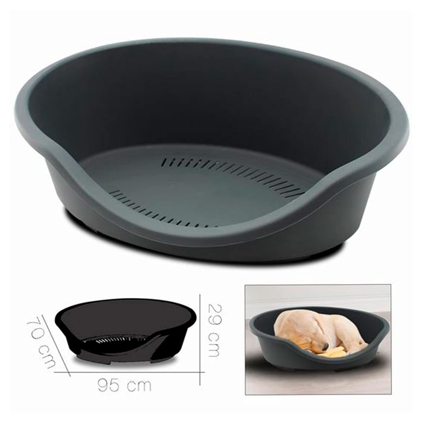 Cama de plástico para Perros y Gatos 29 x 94 x 70 cm. Cesta, Canasta, Cuna para Mascotas, Animales, Fondo Perforado, Antideslizante, cómodo Apoyo para el mentón (Gris)