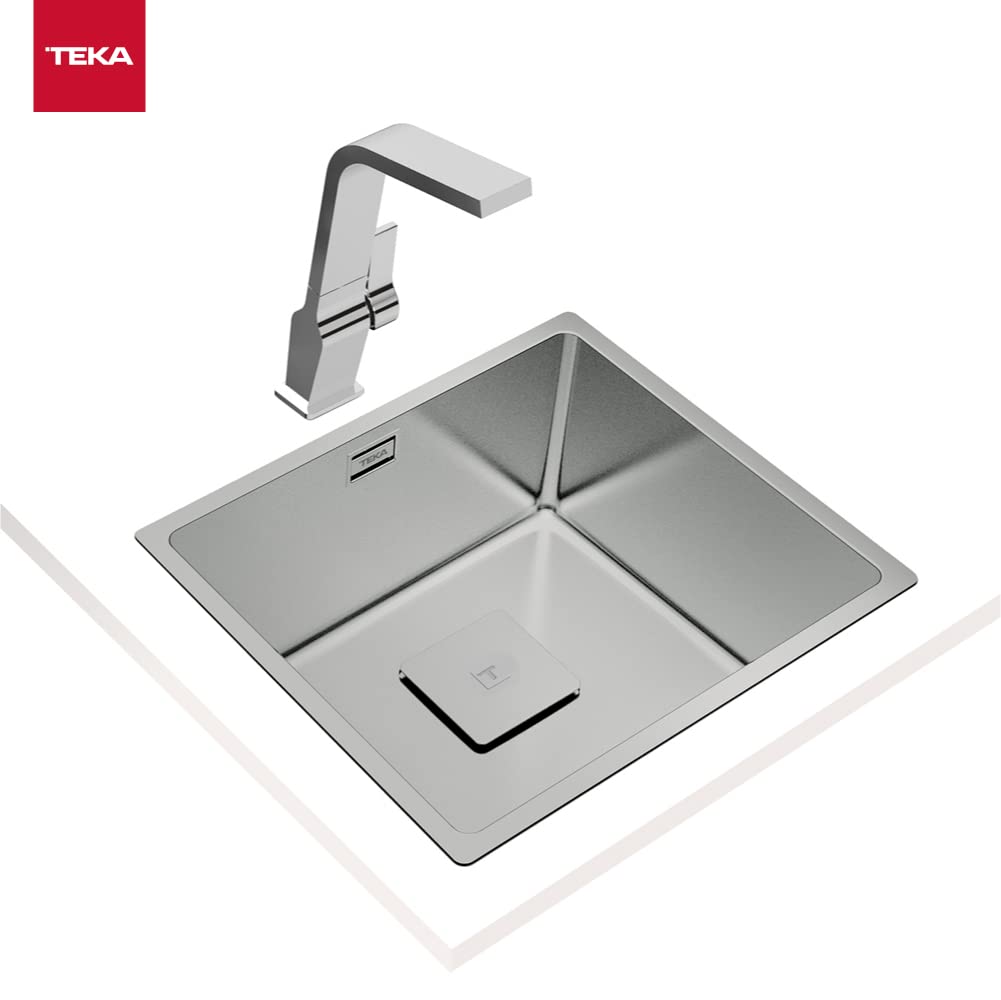 TEKA Fregadero Cocina 1 Cubeta 40cm, Acero Inoxidable, Triple Instalación: Encastre, Enrasar o Bajo Encimera, Profundidad 200mm, Mueble 50cm, Válvula Canasta y Sifón, Modelo FlexLinea RS15 40.40