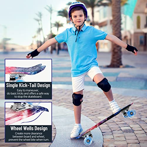 BELEEV 22 inch Skateboards for Kids, Cruiser Skateboard for Beginners Girls Boys Teens Adults, Mini Skateboards Classic Complete Skate Board with Skate T-Tool, Max Load 220 LBS (Purple Nebula)