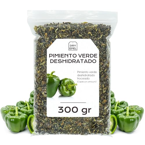 Pimiento Verde Deshidratado 300 g - Pimiento Verde Seco y Troceado - Verdura Deshidratada - Sin Azucar Añadido, Sin Conservantes, Sin Gluten (300 gr, Pimiento Verde)