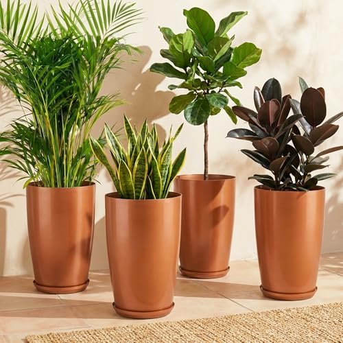 Image of Heart Home 4 Pcs Big Planters /Vase with Saucer for Home Decor | 18 Inch Large Outdoor & Indoor Flower Pot /Drainage Hole /Lightweight /Plant Container | Copper