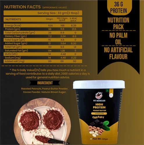 Image of Fit Muscles High Protein Chocolate Creamy Peanut Butter 500g, 36g Protein, Smooth Peanut Spread, Rich Chocolate Flavour, No Palm Oil, No Artificial Flavour, Healthy Breakfast & Gym Diet Food