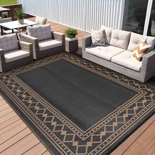 9x12 Outdoor Rug Waterproof Foldable Plastic Straw Carpet for Patio Porch Modern Bordered Reversible Mat Lightweight Floor Mat for Picnic, Backyard, Rv, Beach, Deck, Camper, Balcony, Black/Tan