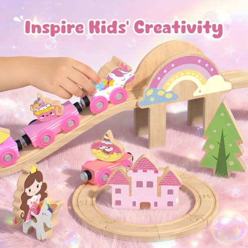 Hot Bee Pink Wooden Train Set, Girls Birthday Gift Unicorn Toy Age 3+ DROPS TO (works on 38PCS) - image 3