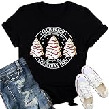 IFQ Women Merry Christmas Shirt Xmas Holiday T-Shirt Christmas Tree Cake Shirt Black