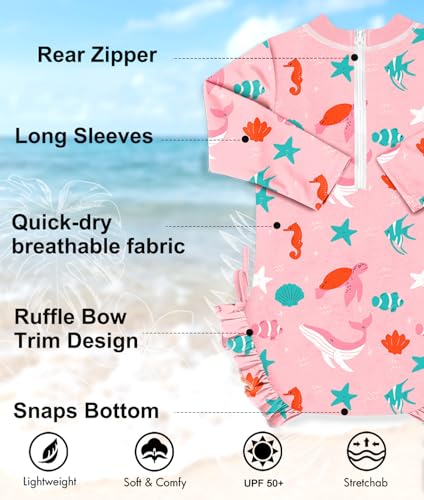 Image of BesserBay Baby Girl Swimsuit UPF 50+ Long Sleeve Zipper Snaps Bottom One Piece Rash Guard 0-36 Months