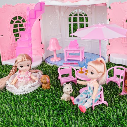 deAO Doll House for Girls Portable Playset Dollhouse Castle Kids Pretend Play with 2 Doll Toy Figures,Living Room,Bedroom,Balcony & Accessories for 3 to 7 Year Olds Kids (Pink)