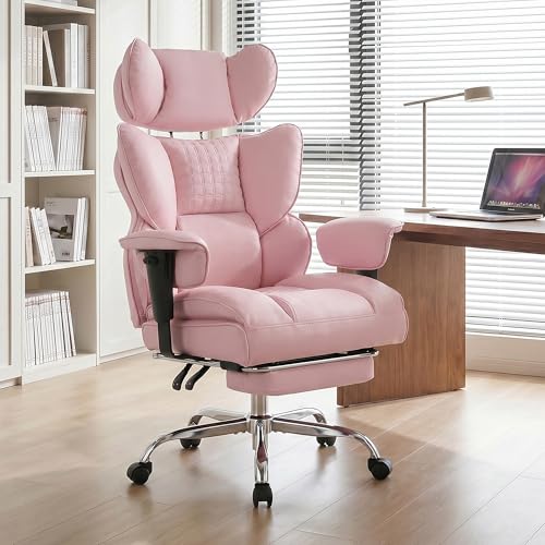 Image of Big and Tall Ergonomic Office Chair,400 LBS,High Back Reclining PU Leather Gaming Chair with Footrest, Adjustable Armrests, Lumbar Support, Executive Desk Chair for Home Office, Pink