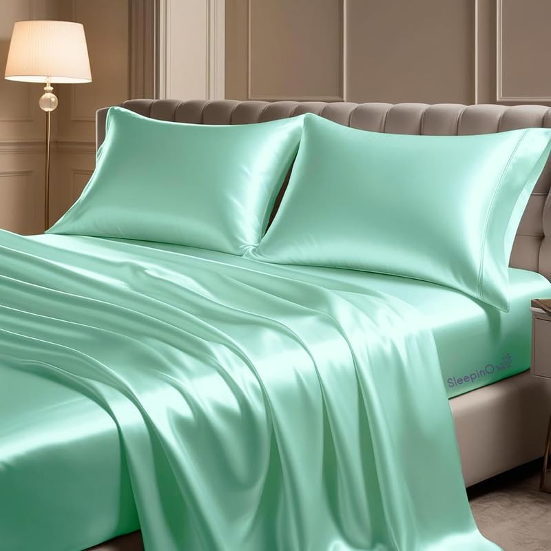 Image of Premium Satin King Size (92x106 Inchs) with 2 Pillow Cover Bedsheet Ultra Soft & Silky Smooth, Breathable Cooling Fabric, Luxury Glossy Finish|Aqua Green